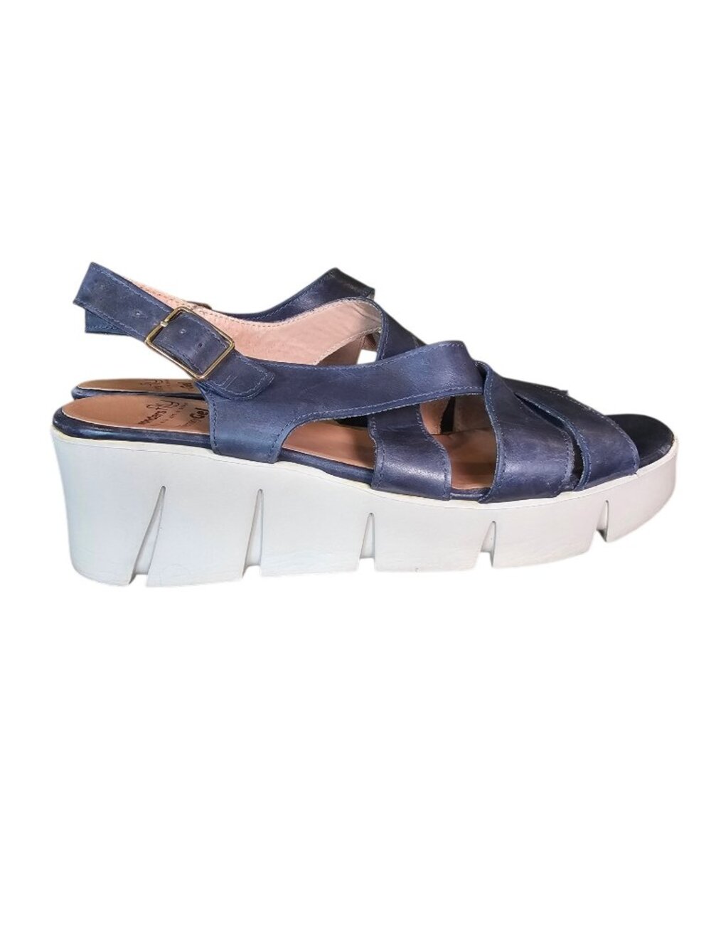 Wonders Fly Blue Leather Wedge Sandals Comfort EU 39 Sz 8 8.5 Spain Memory Gel